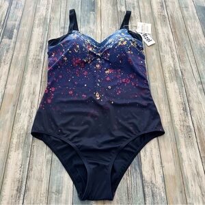 Itzel One Piece Swimsuit Suit Womens 14 (14B) Built In Bra V Neck Ombre Blue NEW